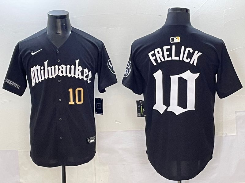 Men 2025 Milwaukee Brewers #10 Frelick Black Five generations Joint Name Nike MLB Jersey style 05->buffalo bills->NFL Jersey